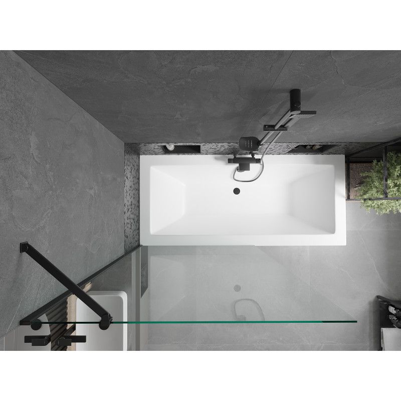Rektangulært badekar Mexen Cube 170 x 80 cm med front- og sidebeklædning samt 1-fløjet brusevæg 100 cm i transparent sort, 1 sæt
