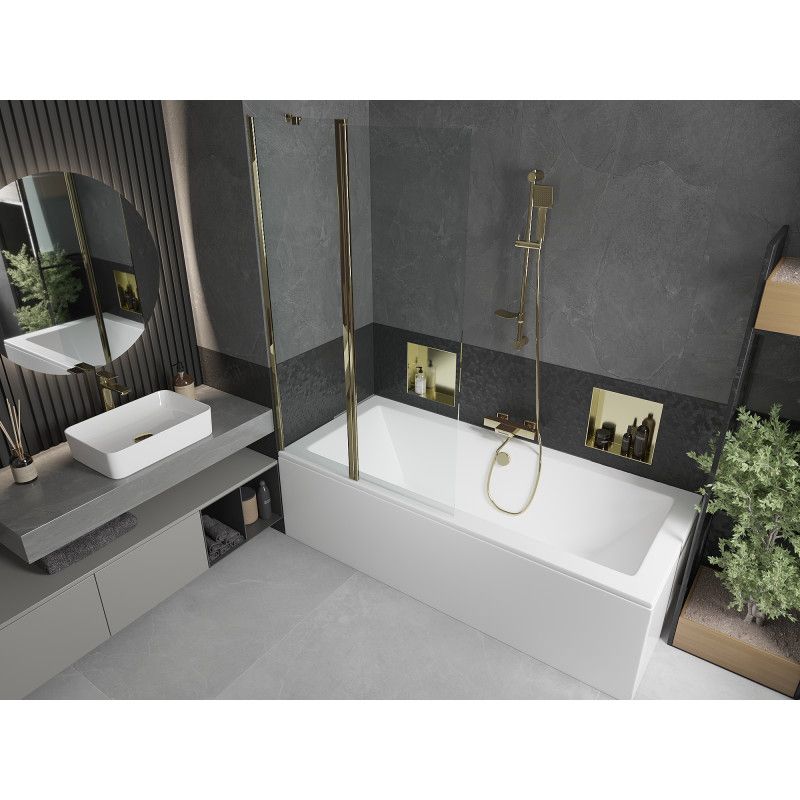 Rektangulært badekar Mexen Cube 170 x 80 cm med frontpanel og 1-fløjet brusevæg 100 cm transparent guld 1 sæt