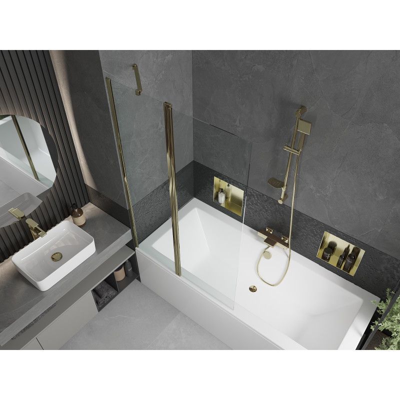 Rektangulært badekar Mexen Cube 170 x 80 cm med frontpanel og 1-fløjet brusevæg 100 cm transparent guld 1 sæt