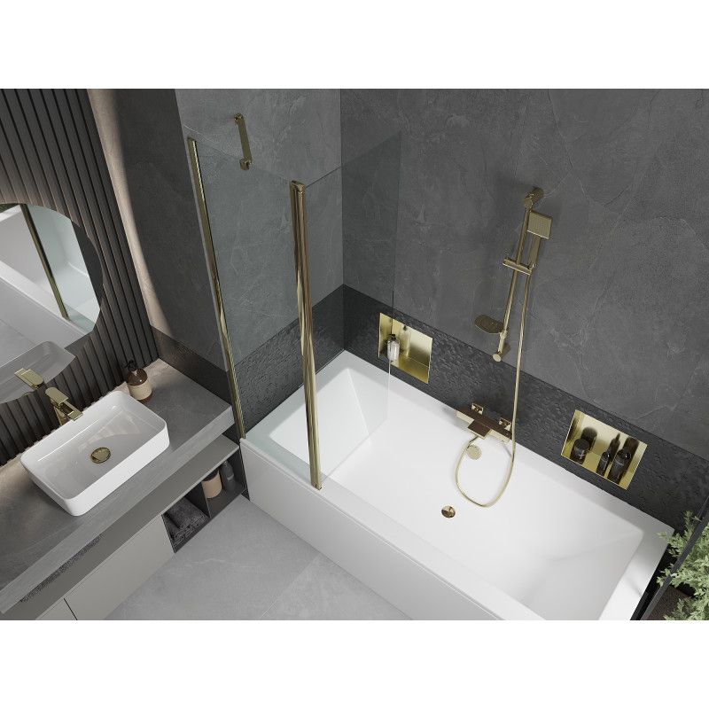 Rektangulært badekar Mexen Cube 170 x 80 cm med frontpanel og 1-fløjet brusevæg 100 cm transparent guld 1 sæt