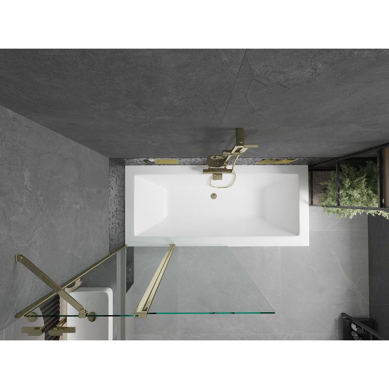 Rektangulært badekar Mexen Cube 170 x 80 cm med frontpanel og 1-fløjet brusevæg 100 cm transparent guld 1 sæt