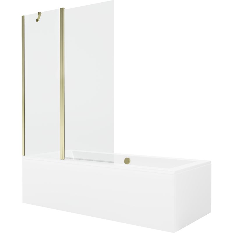 Rektangulært badekar Mexen Cube 170 x 80 cm med frontpanel og 1-fløjet brusevæg 120 cm transparent guld 1 sæt