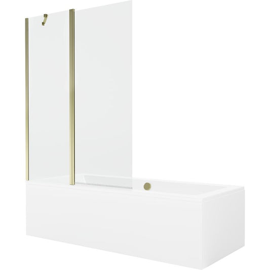 Rektangulært badekar Mexen Cube 170 x 80 cm med frontpanel og 1-fløjet brusevæg 120 cm transparent guld 1 sæt