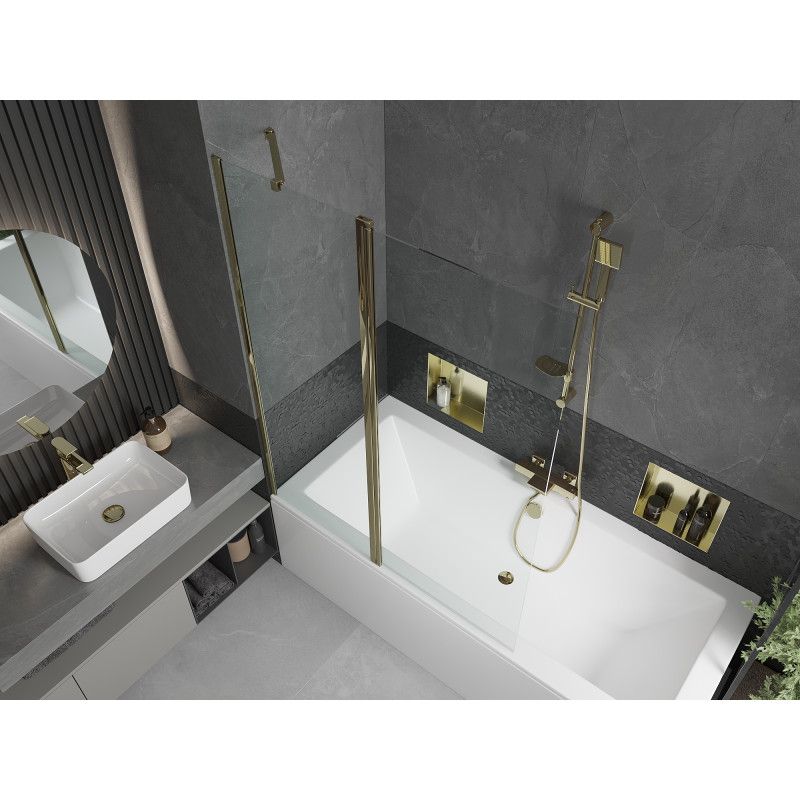 Rektangulært badekar Mexen Cube 170 x 80 cm med frontpanel og 1-fløjet brusevæg 120 cm transparent guld 1 sæt