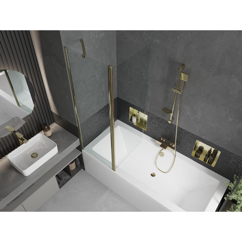 Rektangulært badekar Mexen Cube 170 x 80 cm med frontpanel og 1-fløjet brusevæg 120 cm transparent guld 1 sæt