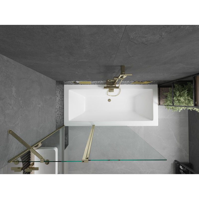 Rektangulært badekar Mexen Cube 170 x 80 cm med frontpanel og 1-fløjet brusevæg 120 cm transparent guld 1 sæt