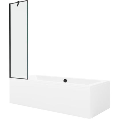 Rektangulært badekar Mexen Cube 170 x 80 cm med front- og sidepanel samt 1-fløjet brusevæg 50 cm i sort mønster, komplet sæt