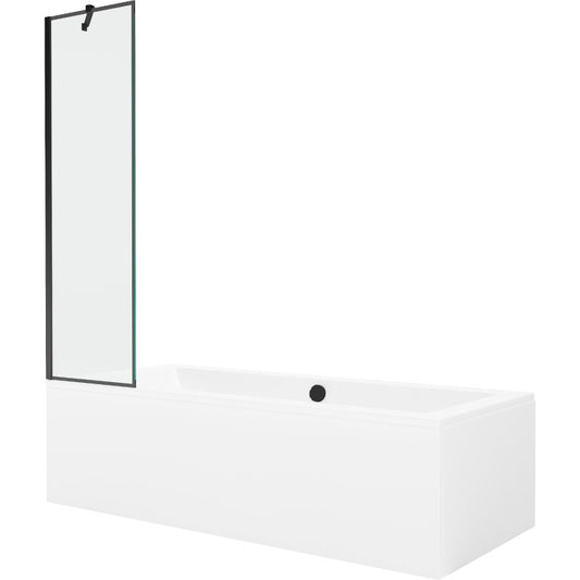 Rektangulært badekar Mexen Cube 170 x 80 cm med front- og sidepanel samt 1-fløjet brusevæg 50 cm i sort mønster, komplet sæt
