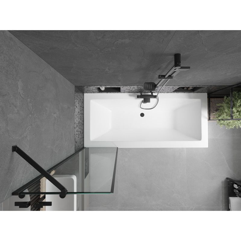 Rektangulært badekar Mexen Cube 170 x 80 cm med front- og sidepanel samt 1-fløjet brusevæg 50 cm i sort mønster, komplet sæt