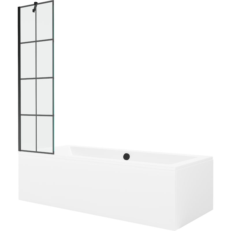 Rektangulært badekar Mexen Cube 170 x 80 cm med front- og sidepanel samt 1-fløjet brusevæg 50 cm med sort mønster, 1 sæt