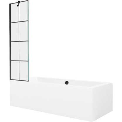 Rektangulært badekar Mexen Cube 170 x 80 cm med front- og sidepanel samt 1-fløjet brusevæg 50 cm med sort mønster, 1 sæt