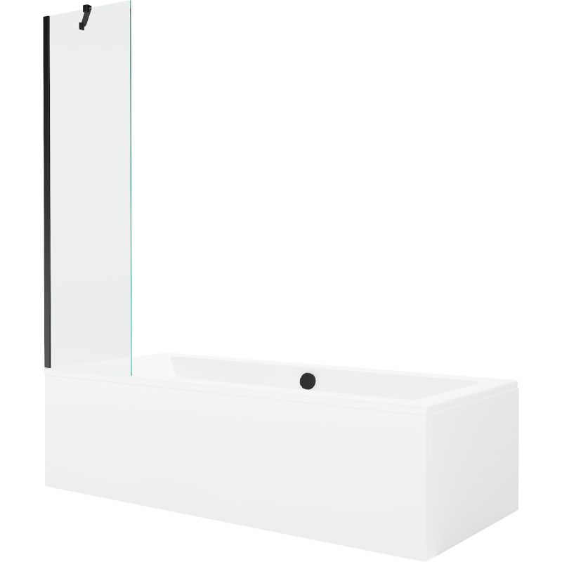 Rektangulært badekar Mexen Cube 170 x 80 cm med front- og sidepanel samt 1-fløjet brusevæg 50 cm i transparent sort