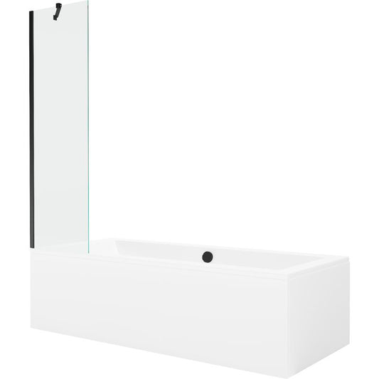 Rektangulært badekar Mexen Cube 170 x 80 cm med front- og sidepanel samt 1-fløjet brusevæg 50 cm i transparent sort