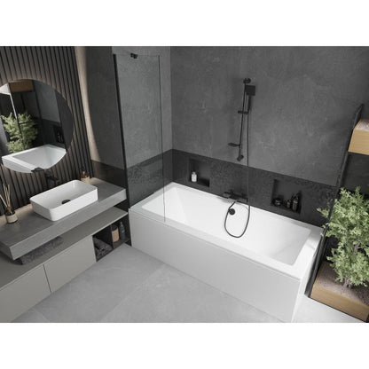 Rektangulært badekar Mexen Cube 170 x 80 cm med front- og sidepanel samt 1-fløjet brusevæg 50 cm i transparent sort