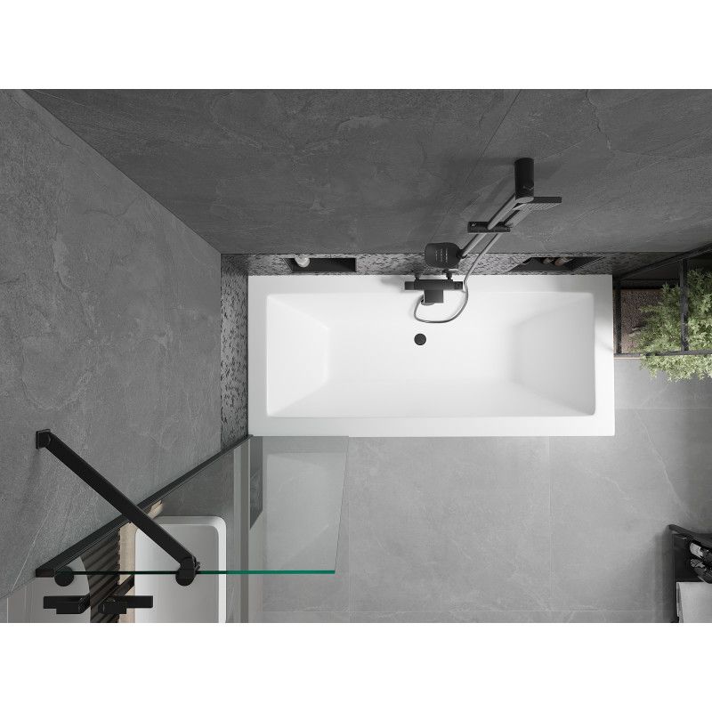 Rektangulært badekar Mexen Cube 170 x 80 cm med front- og sidepanel samt 1-fløjet brusevæg 50 cm i transparent sort