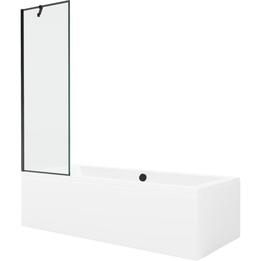 Rektangulært badekar Mexen Cube 170 x 80 cm med frontpanel og 1-fløjet brusevæg 60 cm i sort mønster, 1 sæt