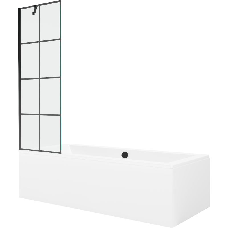 Rektangulært badekar Mexen Cube 170 x 80 cm med frontpanel og 1-fløjet brusevæg 60 cm i sort mønster, 1 sæt