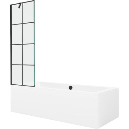 Rektangulært badekar Mexen Cube 170 x 80 cm med frontpanel og 1-fløjet brusevæg 60 cm i sort mønster, 1 sæt