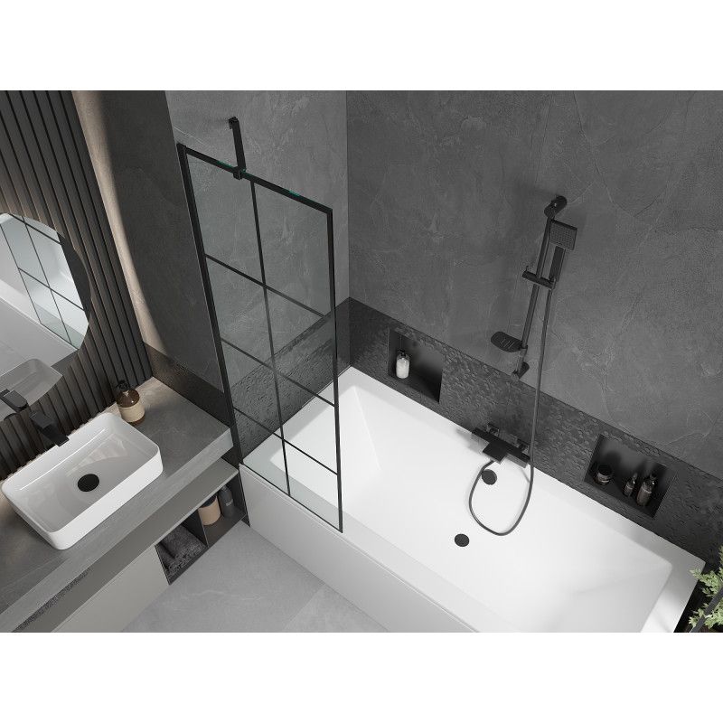 Rektangulært badekar Mexen Cube 170 x 80 cm med frontpanel og 1-fløjet brusevæg 60 cm i sort mønster, 1 sæt