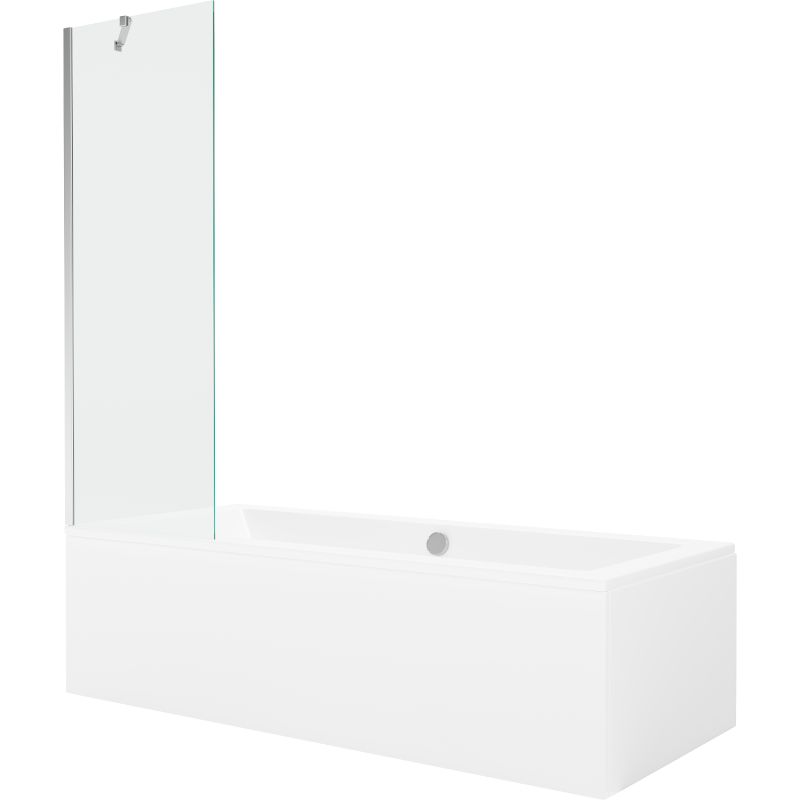 Rektangulært badekar Mexen Cube 170 x 80 cm med front- og sidebeklædning samt 1-fløjet brusevæg 60 cm i transparent krom, 1 sæt