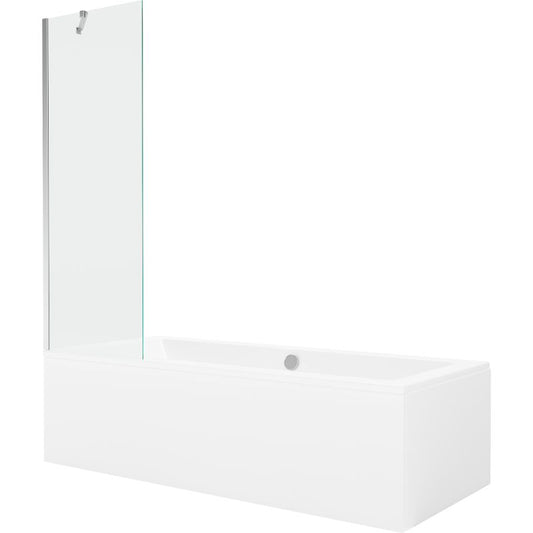 Rektangulært badekar Mexen Cube 170 x 80 cm med front- og sidebeklædning samt 1-fløjet brusevæg 60 cm i transparent krom, 1 sæt