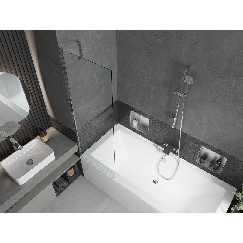 Rektangulært badekar Mexen Cube 170 x 80 cm med front- og sidebeklædning samt 1-fløjet brusevæg 60 cm i transparent krom, 1 sæt