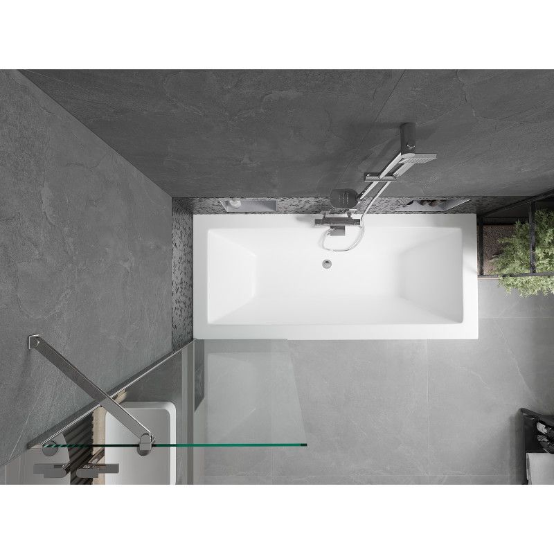 Rektangulært badekar Mexen Cube 170 x 80 cm med front- og sidebeklædning samt 1-fløjet brusevæg 60 cm i transparent krom, 1 sæt