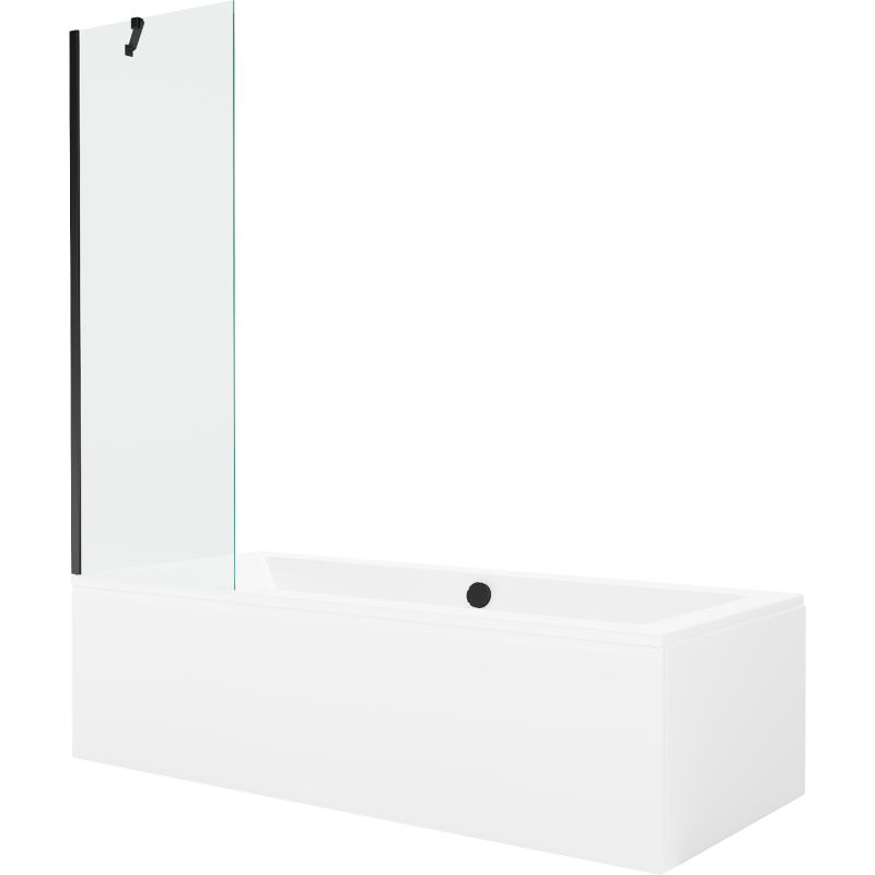 Rektangulært badekar Mexen Cube 170 x 80 cm med frontpanel og 1-fløjet brusevæg 60 cm transparent sort 1 sæt