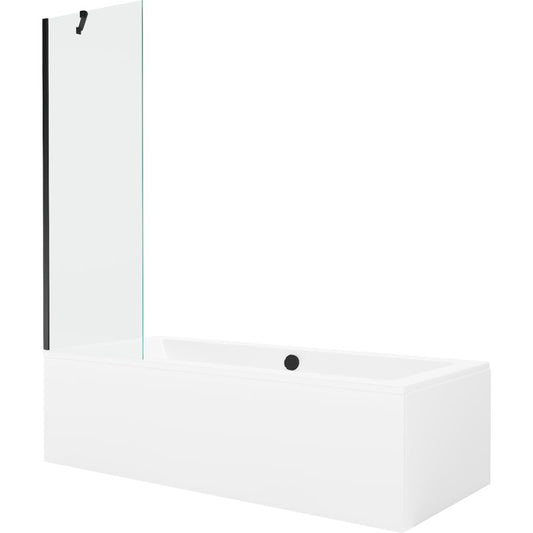 Rektangulært badekar Mexen Cube 170 x 80 cm med frontpanel og 1-fløjet brusevæg 60 cm transparent sort 1 sæt