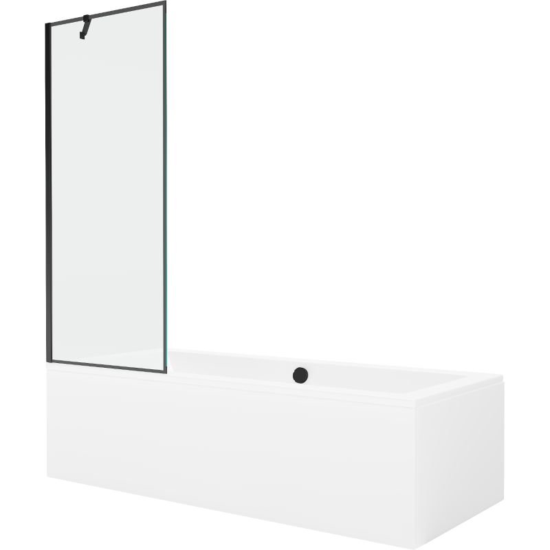 Rektangulært badekar Mexen Cube 170 x 80 cm med front- og sidepanel samt 1-fløjet brusevæg 70 cm med sort mønster, 1 sæt
