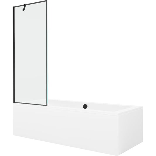 Rektangulært badekar Mexen Cube 170 x 80 cm med front- og sidepanel samt 1-fløjet brusevæg 70 cm med sort mønster, 1 sæt