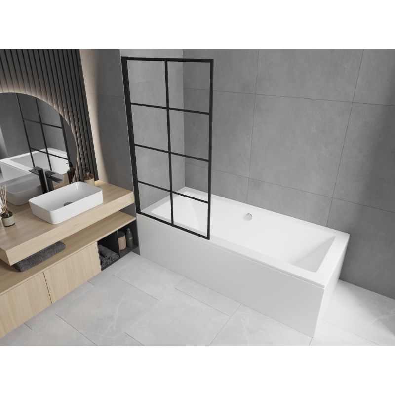 Rektangulært badekar Mexen Cube 170 x 80 cm med front- og sidepanel samt 1-fløjet brusevæg 70 cm med mat-sort mønster, komplet sæt