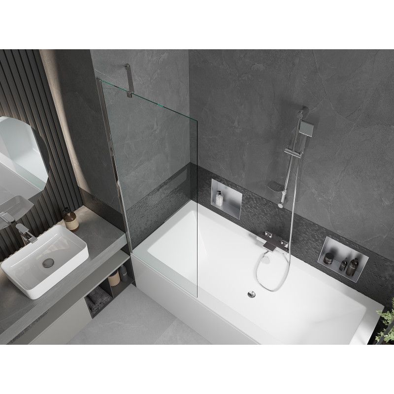 Rektangulært badekar Mexen Cube 170 x 80 cm med frontpanel og 1-fløjet brusevæg 70 cm transparent krom 1 sæt