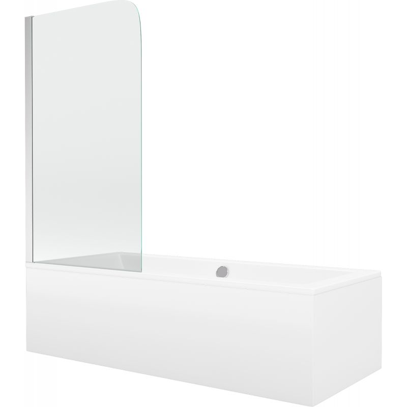 Rektangulært badekar Mexen Cube 170 x 80 cm med front- og sidepanel samt 1-fløjet brusevæg 70 cm i transparent glas med kromfinish, 1 sæt