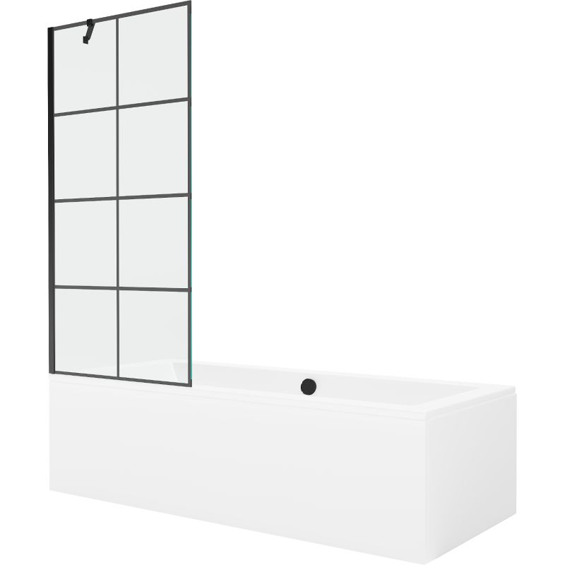 Rektangulært badekar Mexen Cube 170 x 80 cm med frontpanel og 1-fløjet skærm 80 cm sort mønster, komplet sæt