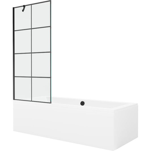 Rektangulært badekar Mexen Cube 170 x 80 cm med frontpanel og 1-fløjet skærm 80 cm sort mønster, komplet sæt