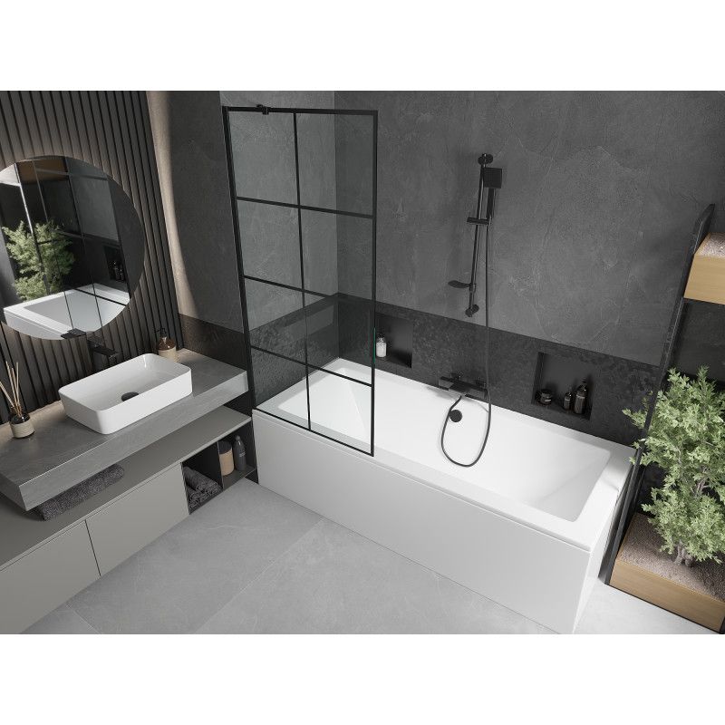 Rektangulært badekar Mexen Cube 170 x 80 cm med frontpanel og 1-fløjet skærm 80 cm sort mønster, komplet sæt