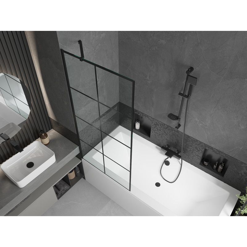 Rektangulært badekar Mexen Cube 170 x 80 cm med frontpanel og 1-fløjet skærm 80 cm sort mønster, komplet sæt