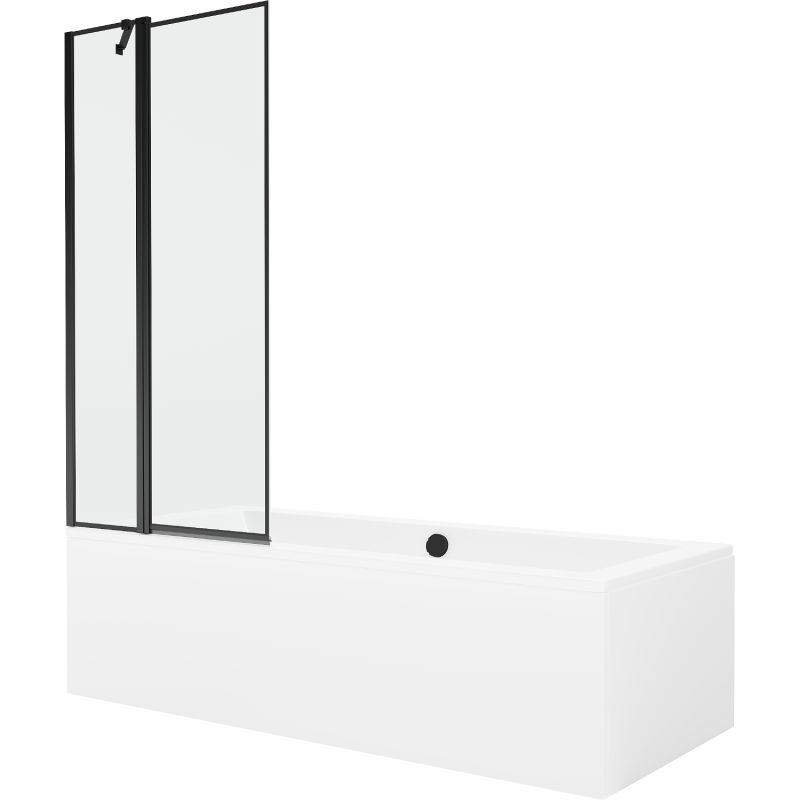 Rektangulært badekar Mexen Cube 170 x 80 cm med frontpanel og 1-fløjet sort mønstret brusevæg 80 cm, komplet sæt