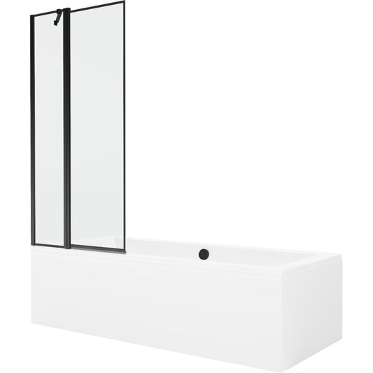 Rektangulært badekar Mexen Cube 170 x 80 cm med frontpanel og 1-fløjet sort mønstret brusevæg 80 cm, komplet sæt
