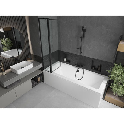 Rektangulært badekar Mexen Cube 170 x 80 cm med frontpanel og 1-fløjet sort mønstret brusevæg 80 cm, komplet sæt