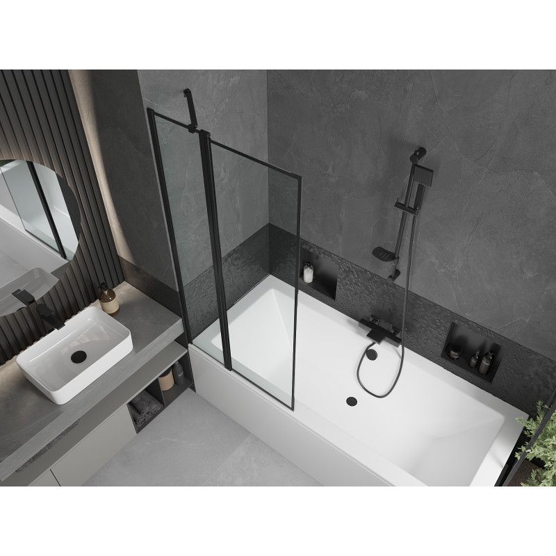Rektangulært badekar Mexen Cube 170 x 80 cm med frontpanel og 1-fløjet sort mønstret brusevæg 80 cm, komplet sæt