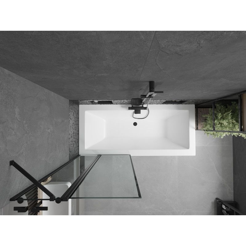 Rektangulært badekar Mexen Cube 170 x 80 cm med frontpanel og 1-fløjet sort mønstret brusevæg 80 cm, komplet sæt