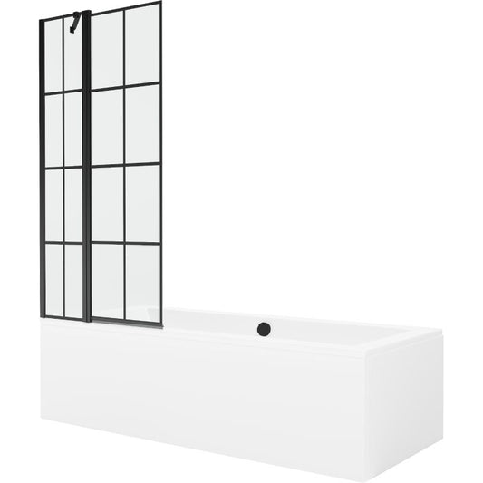 Rektangulært badekar Mexen Cube 170 x 80 cm med frontpanel og 1-fløjet brusevæg 80 cm i mat-sort mønster, 1 sæt