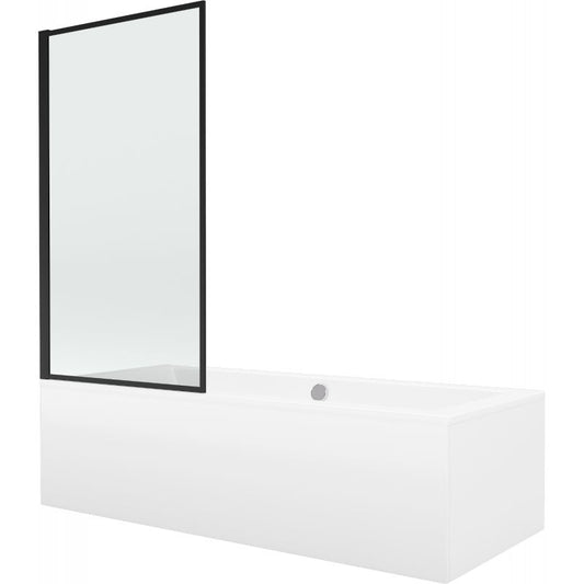 Rektangulært badekar Mexen Cube 170 x 80 cm med frontpanel og 1-fløjet brusevæg 80 cm i sort mønster, komplet sæt