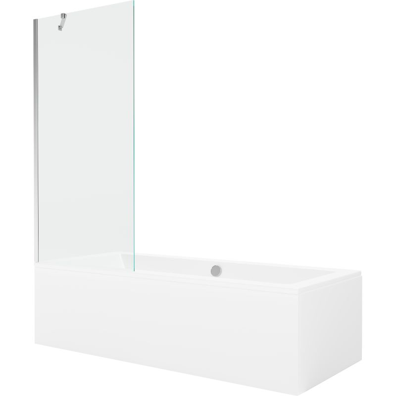 Rektangulært badekar Mexen Cube 170 x 80 cm med front- og sidepanel samt 1-fløjet brusevæg 80 cm i transparent krom, 1 sæt