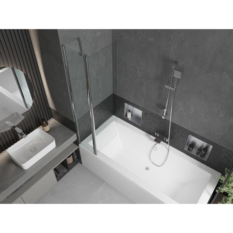Rektangulært badekar Mexen Cube 170 x 80 cm med front- og sidepanel samt 1-fløjet brusevæg 80 cm i transparent krom, komplet sæt