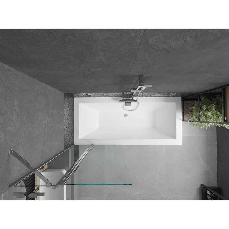 Rektangulært badekar Mexen Cube 170 x 80 cm med front- og sidepanel samt 1-fløjet brusevæg 80 cm i transparent krom, komplet sæt