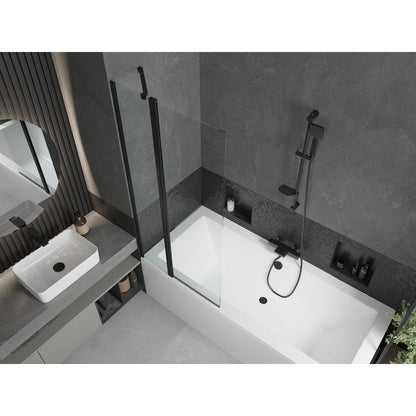 Rektangulært badekar Mexen Cube 170 x 80 cm med frontpanel og 1-fløjet brusevæg 80 cm i transparent mat-sort