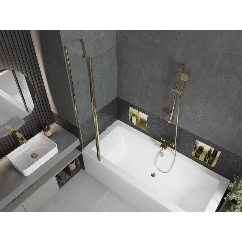 Rektangulært badekar Mexen Cube 170 x 80 cm med frontpanel og 1-fløjet brusevæg 80 cm i transparent guld, 1 sæt